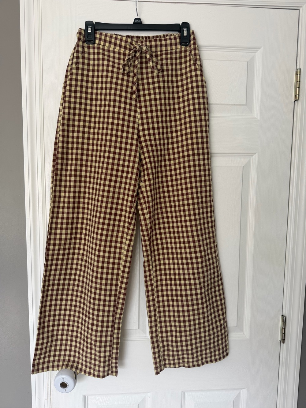Cider Brown & Cream Gingham Drawstring Pants XS | Linen Look
